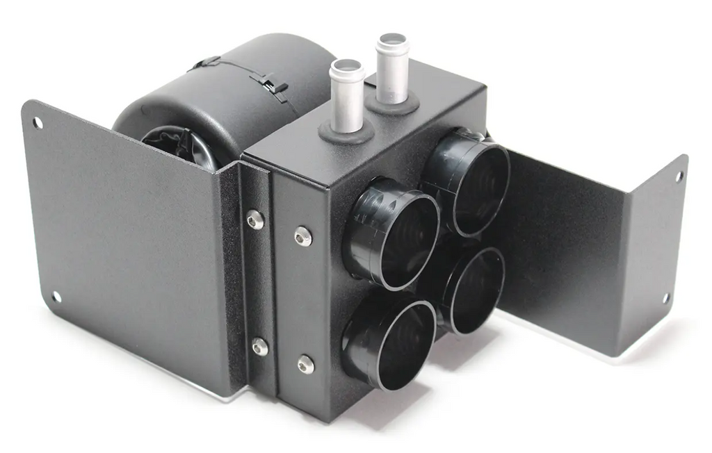 The Inferno Cab Heater Kit With Defrost for 2018-2023 Polaris Rzr Turbo S features a black, rectangular HVAC duct splitter with four front air outlets, two top metal inlet pipes, and side mounting flanges for easy installation.
