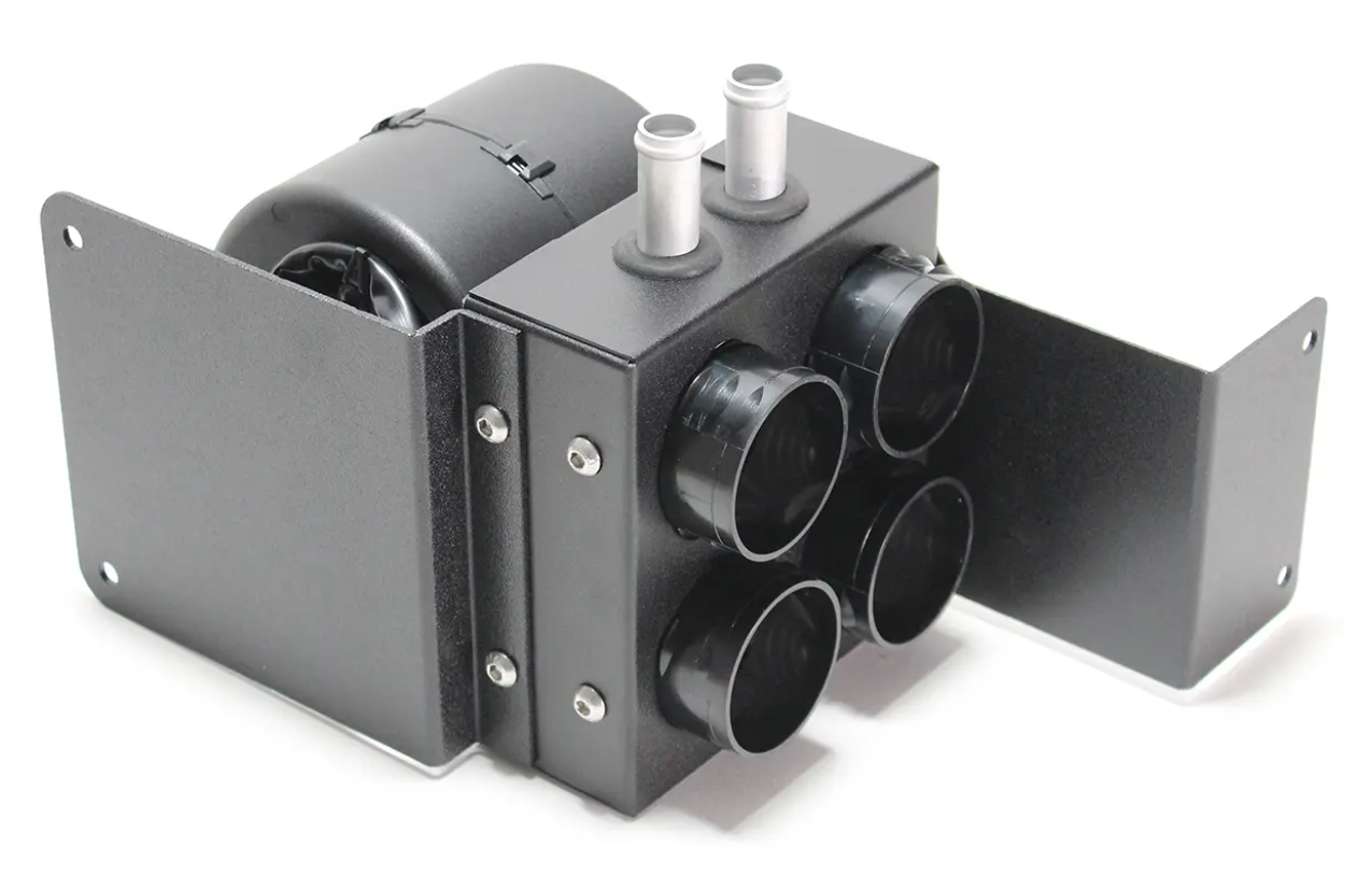 The Inferno Cab Heater Kit With Defrost for 2018-2023 Polaris Rzr Turbo S features a black, rectangular HVAC duct splitter with four front air outlets, two top metal inlet pipes, and side mounting flanges for easy installation.