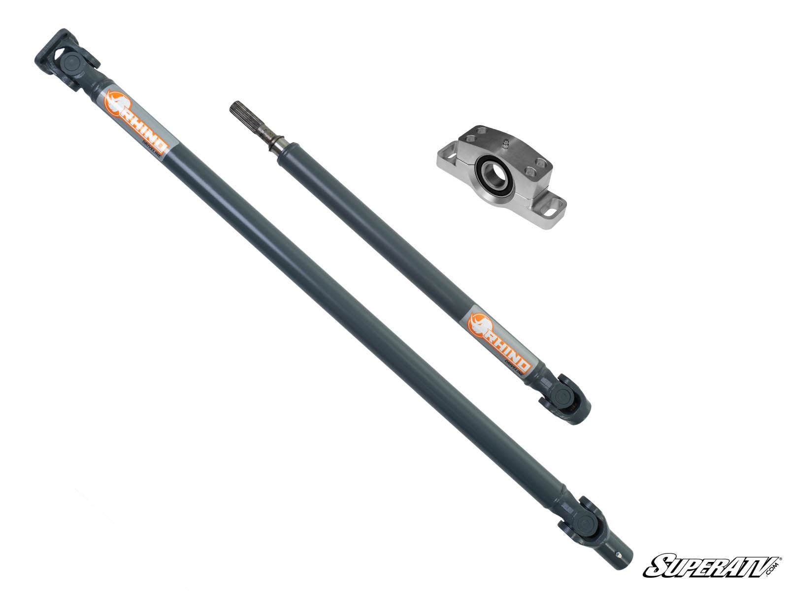 Two dark gray Polaris RZR XP Turbo Heavy-Duty Prop ShaftRhino Driveline shafts with orange and white “Rhino” labels are shown diagonally beside a silver bearing housing with a black center on a plain white background. “SuperATV” is at the bottom right.