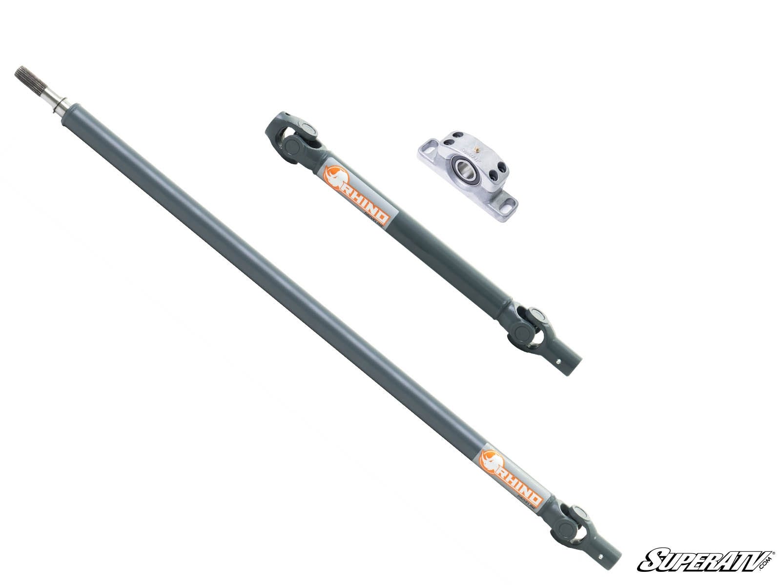 A set of two gray metal Rhino Driveline prop shafts for Polaris RZR Trail S 1000, shown from various angles, plus a silver mounting bracket with a bearing. The SuperATV logo appears in the bottom right on a white background.