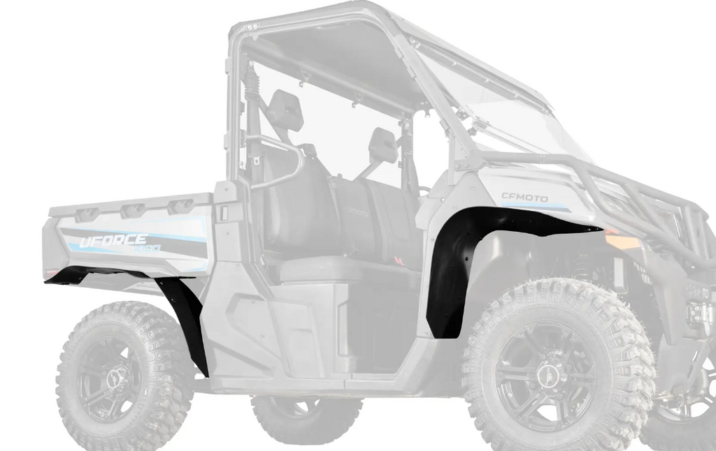 A side view of a grey CFMoto UForce 1000 with Low Profile Fender Flares in black highlighted on the wheel wells, emphasizing their precise fit and coverage while the faded vehicle background directs focus to the fender flares.