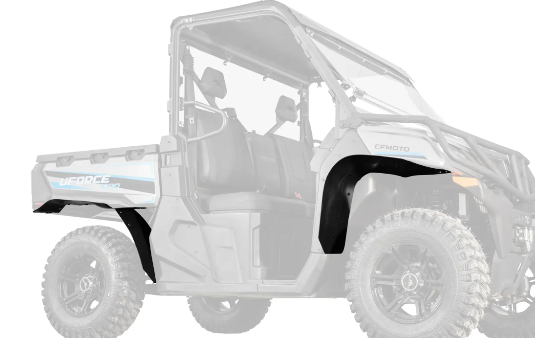 A side view of a grey CFMoto UForce 1000 with Low Profile Fender Flares in black highlighted on the wheel wells, emphasizing their precise fit and coverage while the faded vehicle background directs focus to the fender flares.