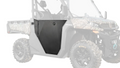 The UForce 1000 Aluminum Half Doors, shown in black, are installed on the side of a partially faded camouflage off-road vehicle with rugged tires, a visible steering wheel, and a front bumper featuring a blue tow hook.