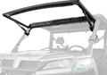A CFMoto UForce 1000 Maxdrive Power Flip Windshield, tinted polycarbonate and partially open with dual gas struts, is mounted on a gray utility vehicle, revealing the front grille, headlights, and part of the interior.