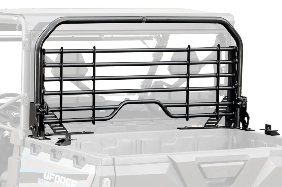 A CFMOTO UForce 1000 Headache Rack, featuring black metal horizontal bars, is mounted behind the cab and above the rear cargo bed of a mostly gray utility vehicle with blue accents, providing a barrier between cab and bed.