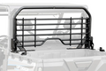 A CFMOTO UForce 1000 Headache Rack, featuring black metal horizontal bars, is mounted behind the cab and above the rear cargo bed of a mostly gray utility vehicle with blue accents, providing a barrier between cab and bed.