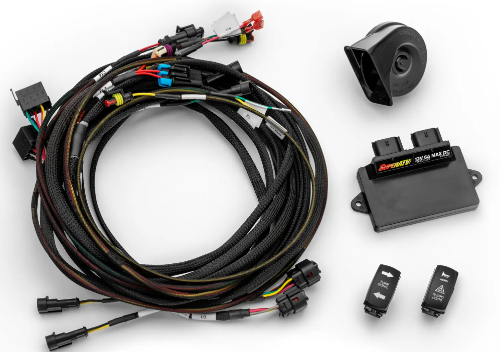 The CFMoto UForce Deluxe Self Canceling Turn Signal kit includes a coiled wiring bundle with connectors, a black horn, an Airhorn 12V 45 Max DC control box, and two black switches featuring arrow icons for easy activation.