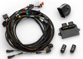 The CFMoto UForce Deluxe Self Canceling Turn Signal kit includes a coiled wiring bundle with connectors, a black horn, an Airhorn 12V 45 Max DC control box, and two black switches featuring arrow icons for easy activation.
