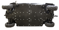 A Skid plate full set (plastic) for the CFMOTO UFORCE 1000 XL (2022+) is shown flipped on its side, revealing a reinforced black armored underbody with multiple bolts and four rugged tires visible at each corner against a white background.