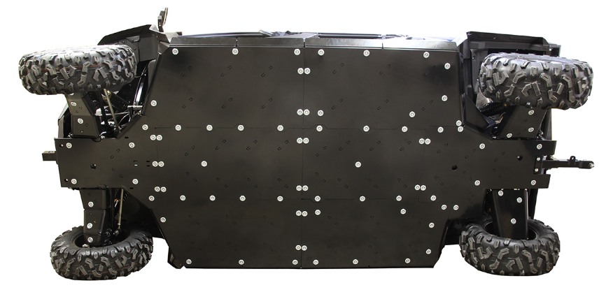 A Skid plate full set (plastic) for the CFMOTO UFORCE 1000 XL (2022+) is shown flipped on its side, revealing a reinforced black armored underbody with multiple bolts and four rugged tires visible at each corner against a white background.