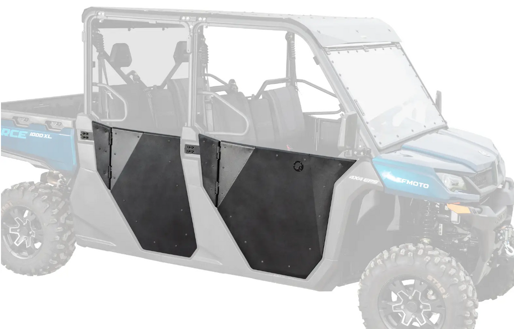 A blue four-seat off-road utility vehicle is shown with its upper body faded out to highlight the CFMOTO UForce XL Aluminum Lower Doors installed on the sides. The rugged vehicle features large tires and open-air seating.