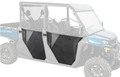 A blue four-seat off-road utility vehicle is shown with its upper body faded out to highlight the CFMOTO UForce XL Aluminum Lower Doors installed on the sides. The rugged vehicle features large tires and open-air seating.