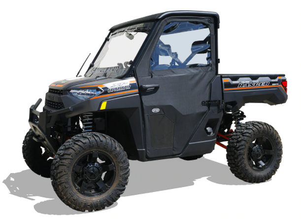 The Polaris Ranger Full Size (XP/Premium 1000) Framed Door Kit (2018+) is shown on a white background, featuring a black off-road vehicle with large rugged tires, reinforced windshield, canvas door cover, Ranger markings, and raised suspension.