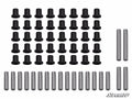The image displays the Polaris Ranger XP 800 A-Arm Bushings: 28 black cylindrical bushings and 28 silver metal sleeves arranged in rows on a white background, with the SuperATV logo in the bottom right corner.