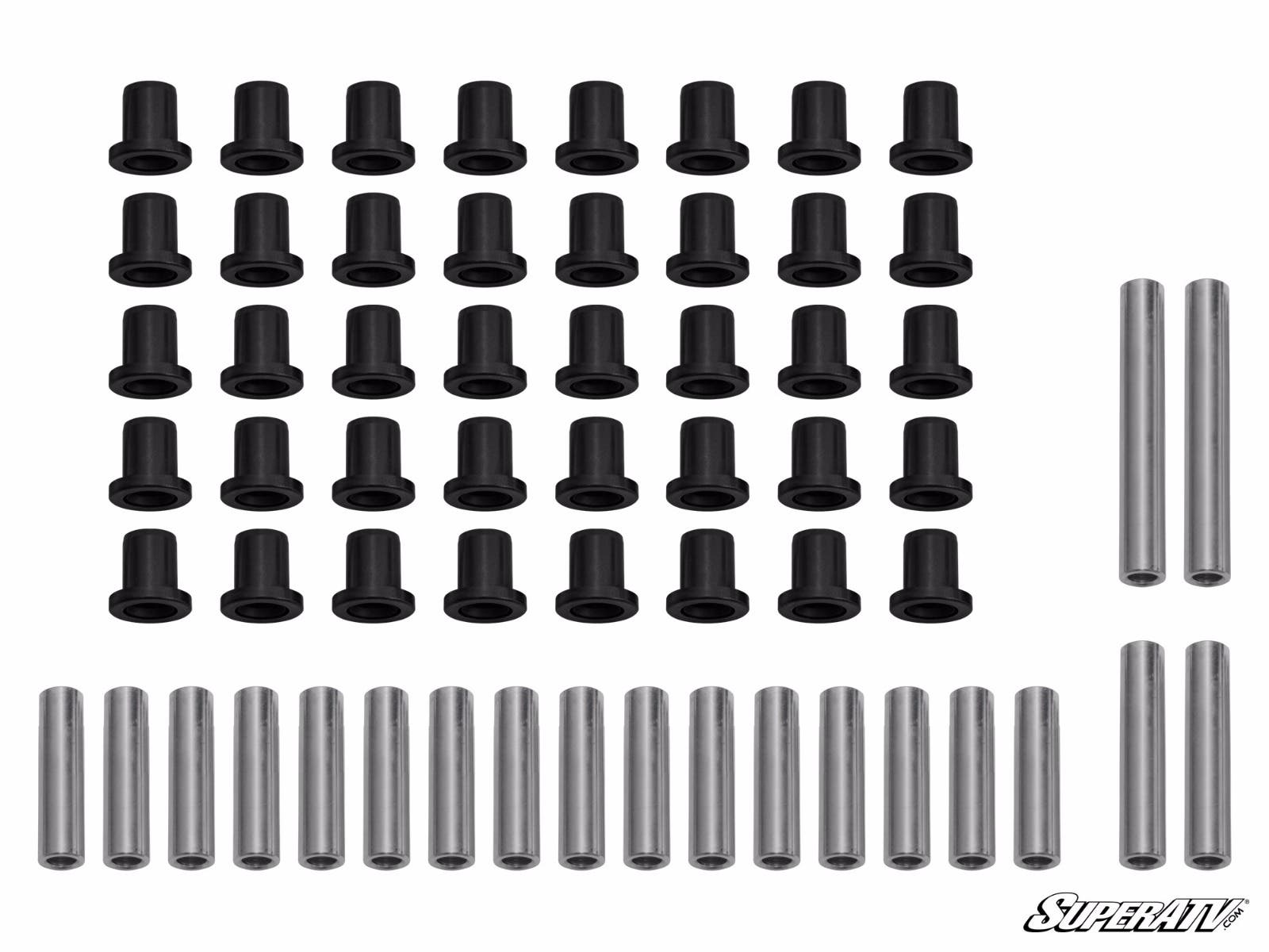 A set of 40 black cylindrical bushings and 20 silver sleeves for Polaris Ranger Full Size 500 A-Arm, neatly arranged in rows on a white background. Bushings are at the top, sleeves below, with the SuperATV logo in the bottom right corner.