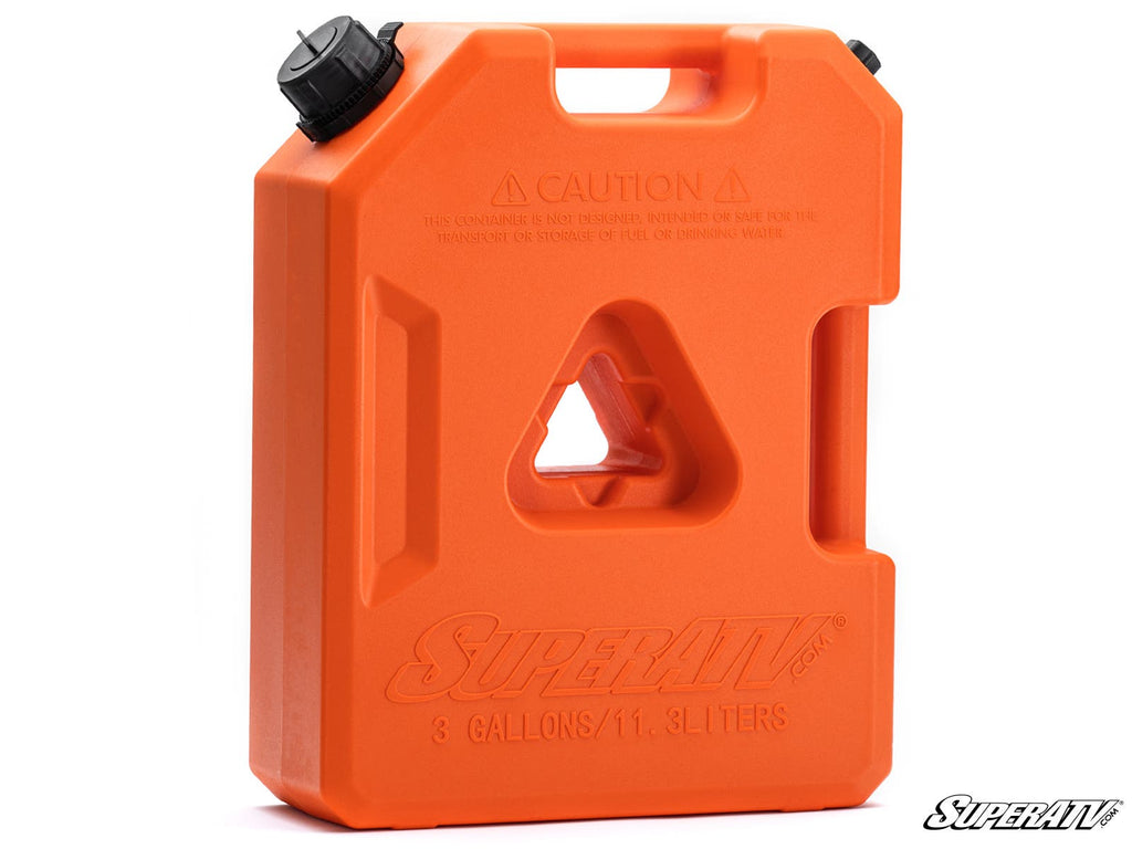The Jerry Can1 & 3 Gallon is an orange, rectangular plastic fuel container with a black screw cap, molded handle, triangular center cutout, and “SuperATV” plus “3 gallons/11.3 liters” embossed near the bottom on a white background.