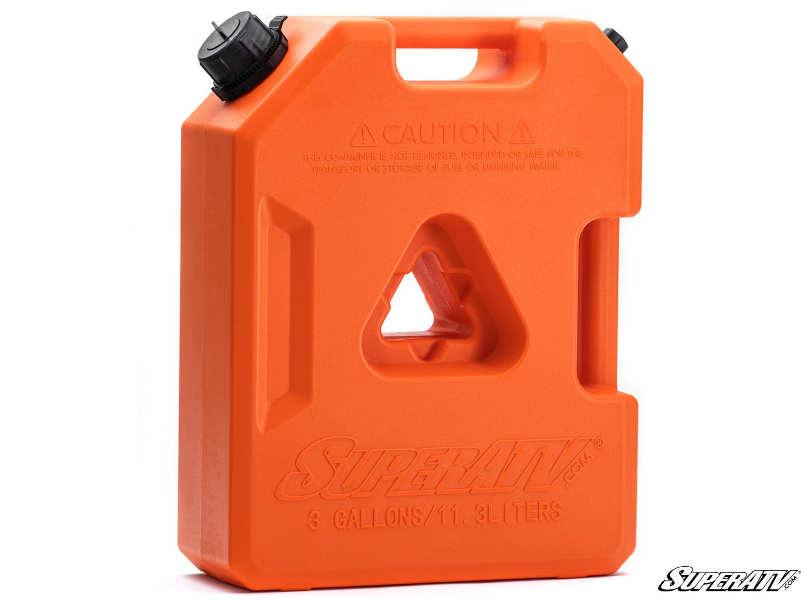 The Jerry Can1 & 3 Gallon is an orange, rectangular plastic fuel container with a black screw cap, molded handle, triangular center cutout, and “SuperATV” plus “3 gallons/11.3 liters” embossed near the bottom on a white background.