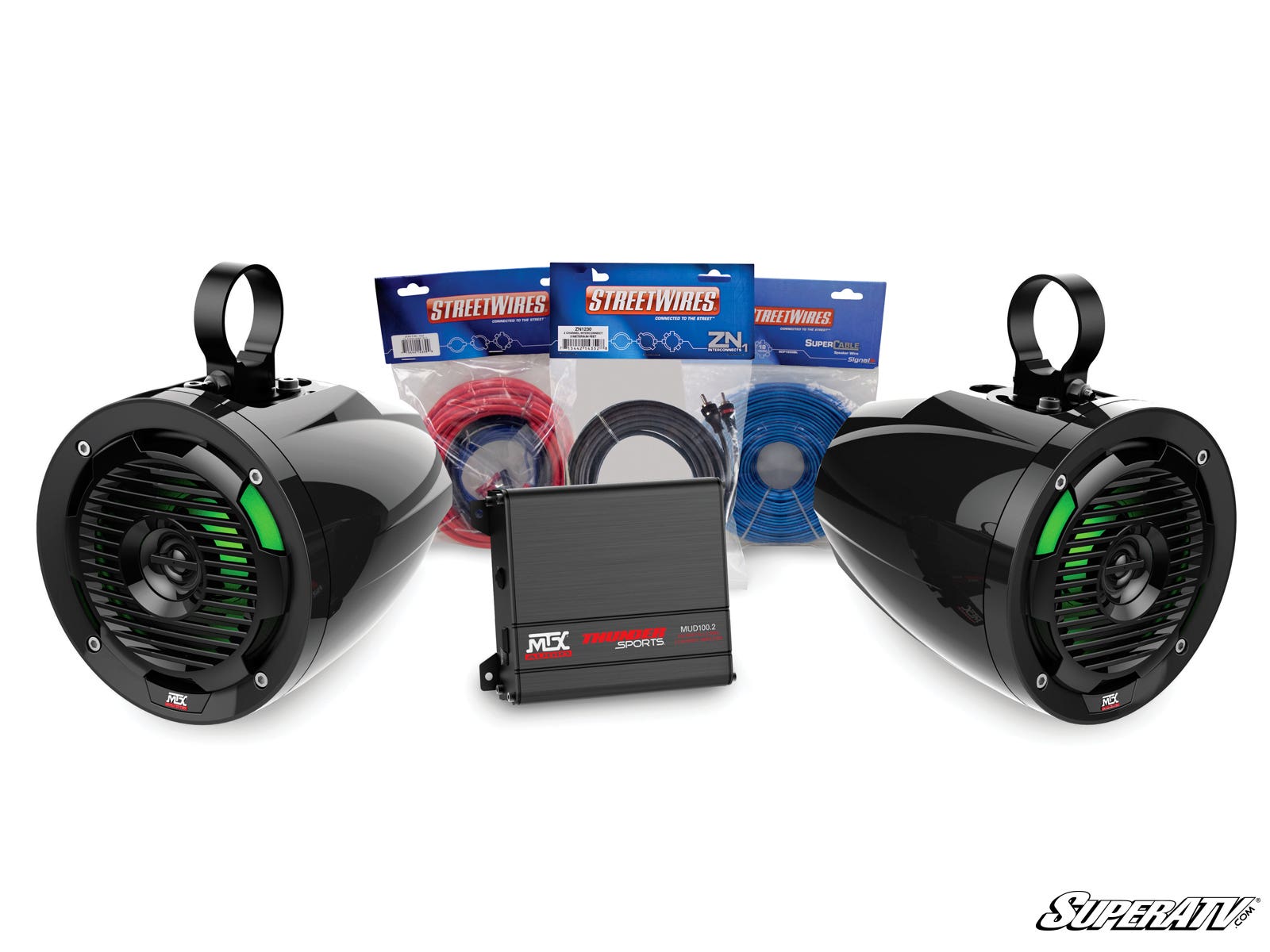 The MTX UNI-1 Amplifier and Roll Cage Speaker Kit features two large black speakers with green accents, an amplifier, and three packs of audio cables in red, black, and blue on a white background with the SuperATV logo at bottom right.