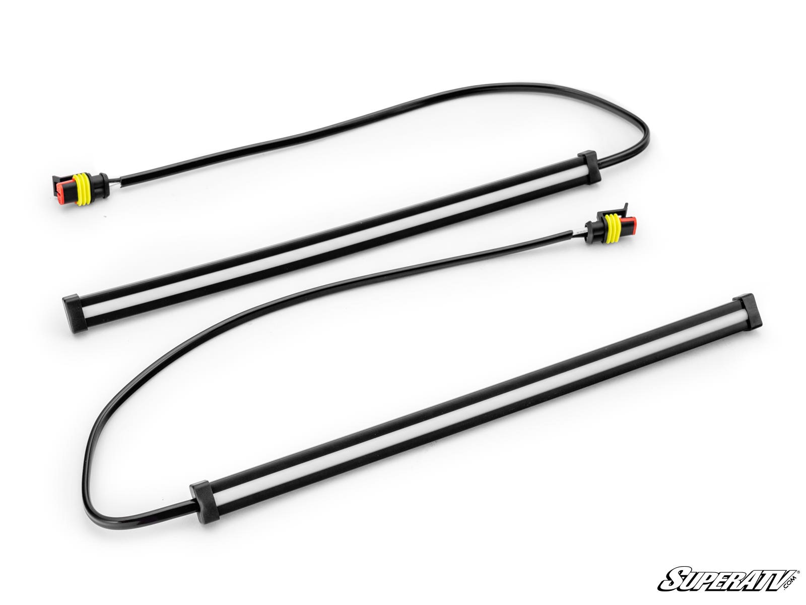 Two black LED Turn Signal Strips with attached wiring and waterproof connectors are displayed on a white surface. The SuperATV logo is shown in the bottom right corner.