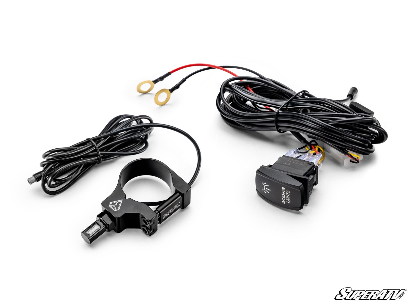 The Assault Industries UTV Dome Light is shown on a white background, featuring black cables with connectors and ring terminals, a handlebar-mounted control bracket, and a rocker switch. The “SuperATV” logo appears in the bottom right corner.