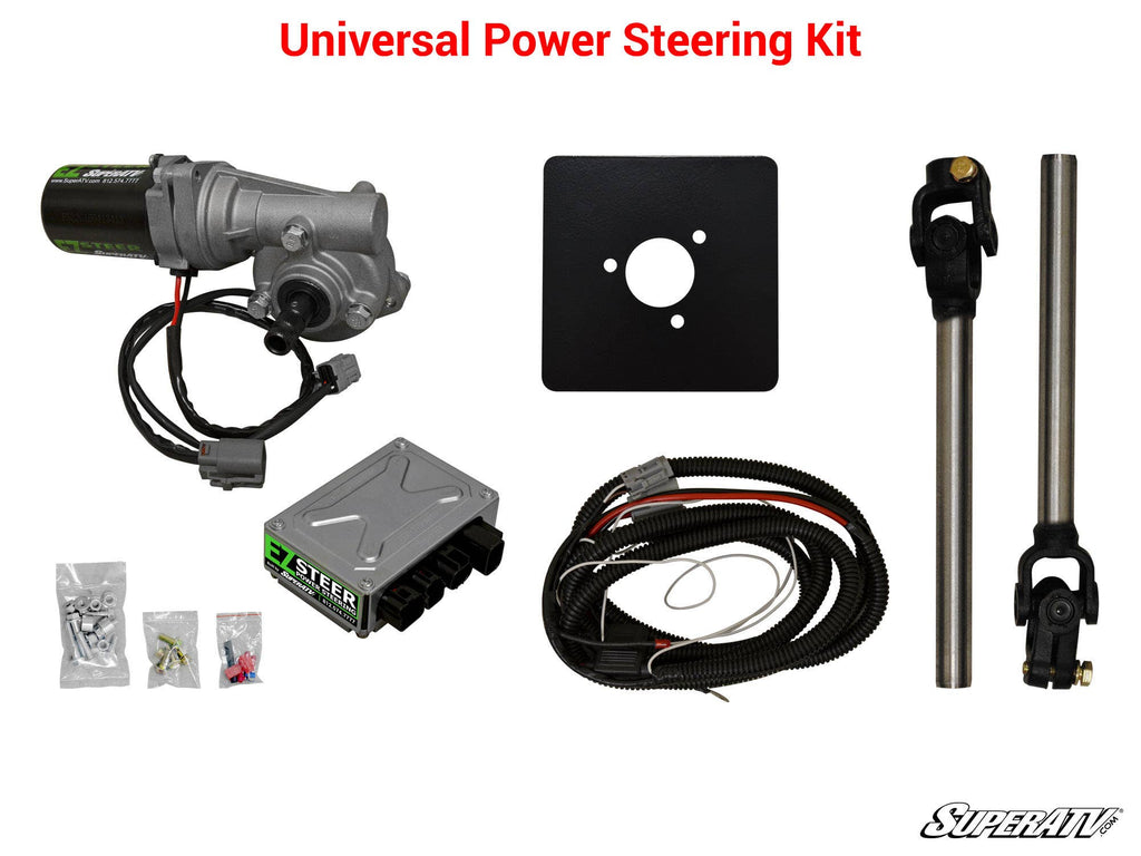 Image of the Universal Power Steering Kit (170W / 220W) on a white background, displaying the motor, control box, wiring harness, mounting plate, two shafts with U-joints, and hardware bags. Universal Power Steering Kit appears in red at the top.