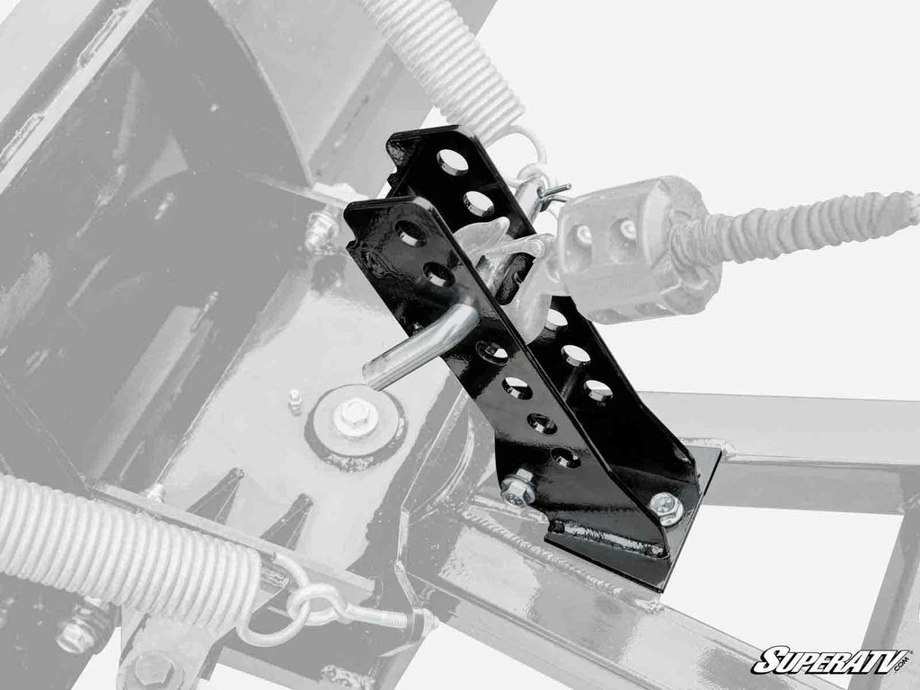A close-up of the Plow Pro Adjustable Plow Lever Kit’s black metal lock pin mechanism attached to a steel frame with springs and bolts. The shiny, perforated lock stands out against a desaturated background, with the SuperATV logo in the corner.
