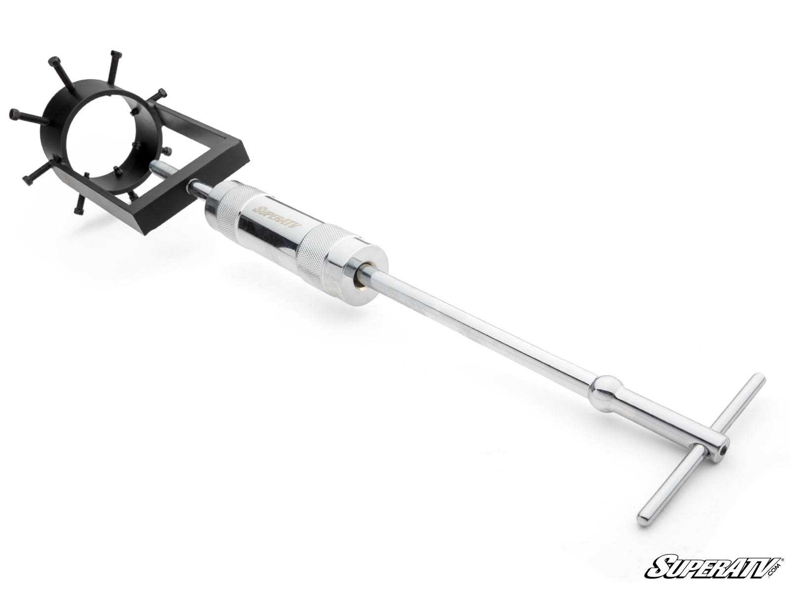 A chrome-finished UTV/ATV CV Axle Puller with a black circular prong on one end and a T-handle on the other is shown on a white background. The SuperATV logo appears in white text at the bottom right.