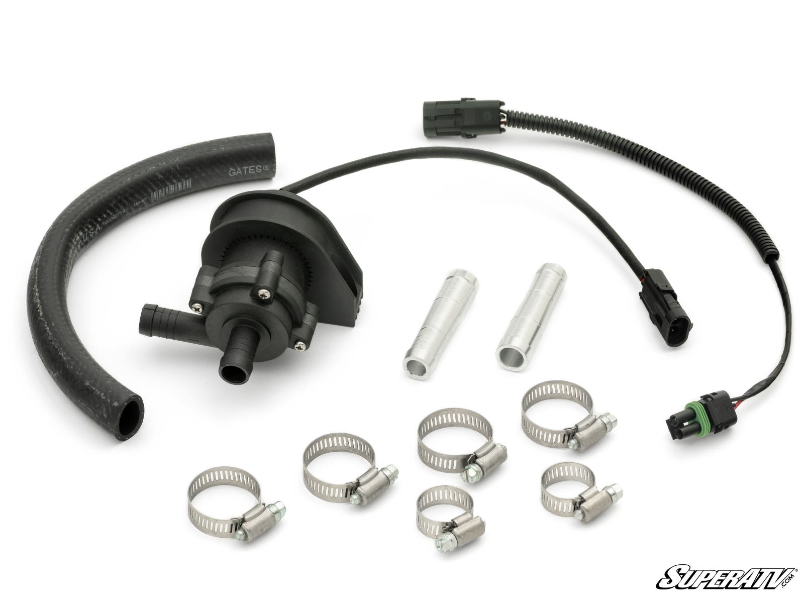 The UTV Cab Heater Idle Flow Pump kit includes a black pump with wiring and connectors, a curved black hose, two silver connectors, and six adjustable hose clamps, all shown on a white background.