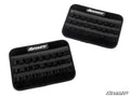 Two black Universal MOLLE-Style UTV Door Bags feature multiple loops and a zippered pocket, each labeled SuperATV at the top. Both are displayed on a white background with the SuperATV logo in the bottom right corner.