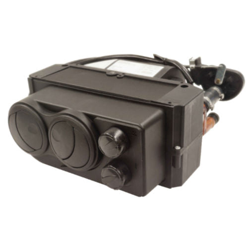 The Fire Storm In Cab Heater - Polaris Rzr is a rectangular black HVAC unit featuring two large circular vents, two smaller front dials, attached tubing, and top wires, shown against a plain white background.