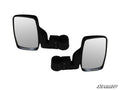 Polaris RZR Side View Mirrors: two black rectangular side mirrors with clamp mounts for off-road vehicles, featuring angular housings, slightly curved edges, built-in bottom LED strips, and the SuperATV logo in the lower right corner.
