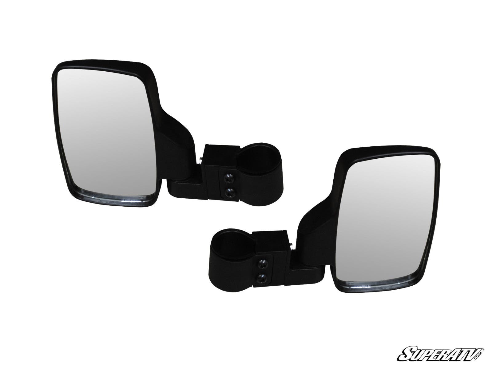 Polaris RZR Side View Mirrors: two black rectangular side mirrors with clamp mounts for off-road vehicles, featuring angular housings, slightly curved edges, built-in bottom LED strips, and the SuperATV logo in the lower right corner.