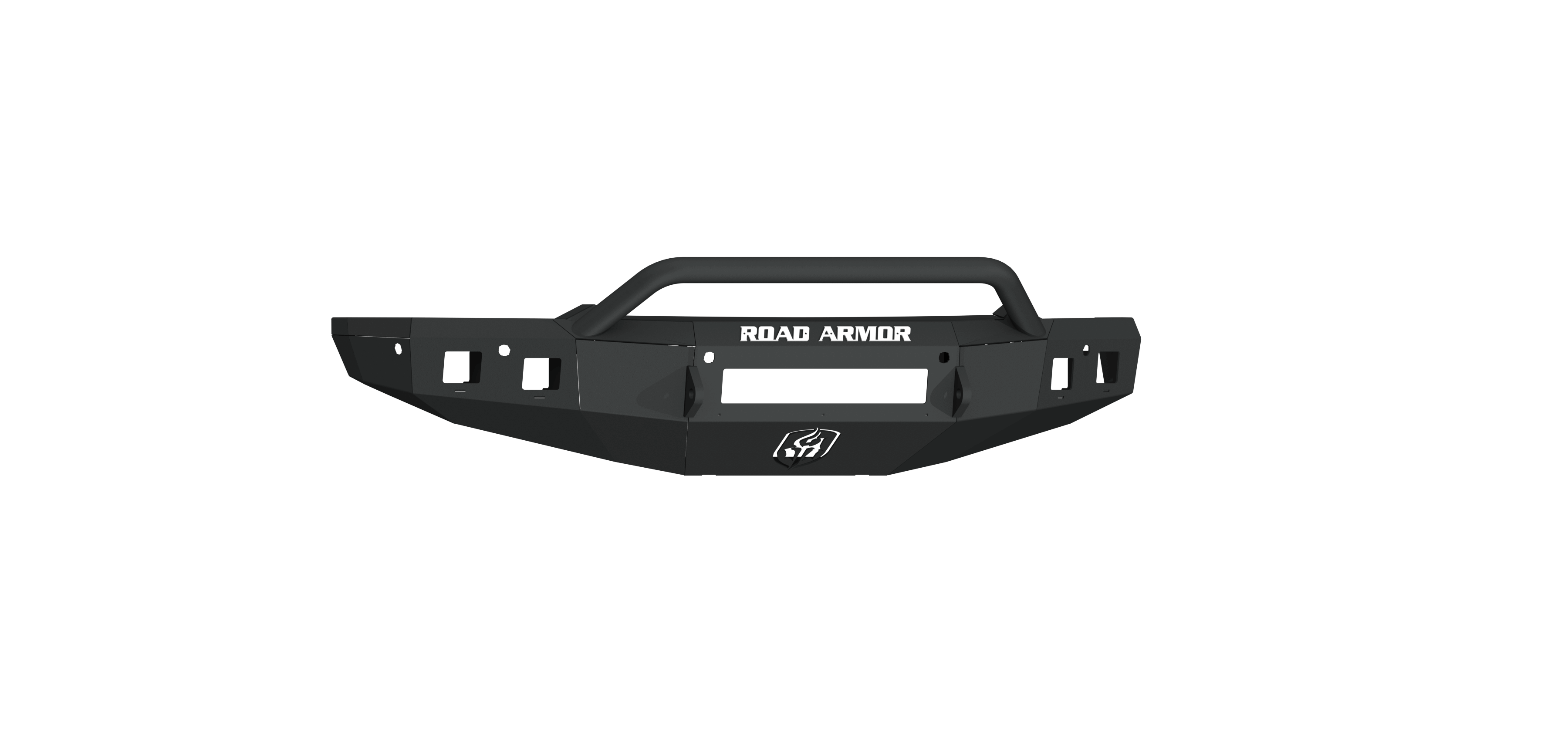 A 2019+ Ram 1500 Stealth Front Non-Winch Bumper Pre-Runner Guard in textured black, featuring angular edges, a central cutout with ROAD ARMOR above it, side mounting holes, a bottom center logo, and a transparent background.