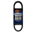A toothed, black drive belt labeled Kawasaki Worlds Best Belt is shown in blue packaging with a burst pattern. GBoost Technology is at the top and WORLDS BEST BELT appears in bold silver letters, with contact details at the bottom.
