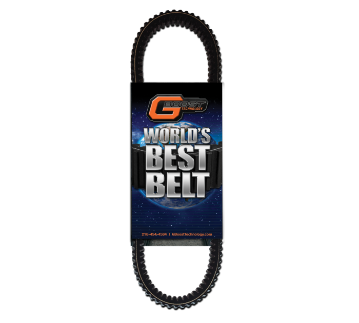 A toothed, black drive belt labeled Kawasaki Worlds Best Belt is shown in blue packaging with a burst pattern. GBoost Technology is at the top and WORLDS BEST BELT appears in bold silver letters, with contact details at the bottom.