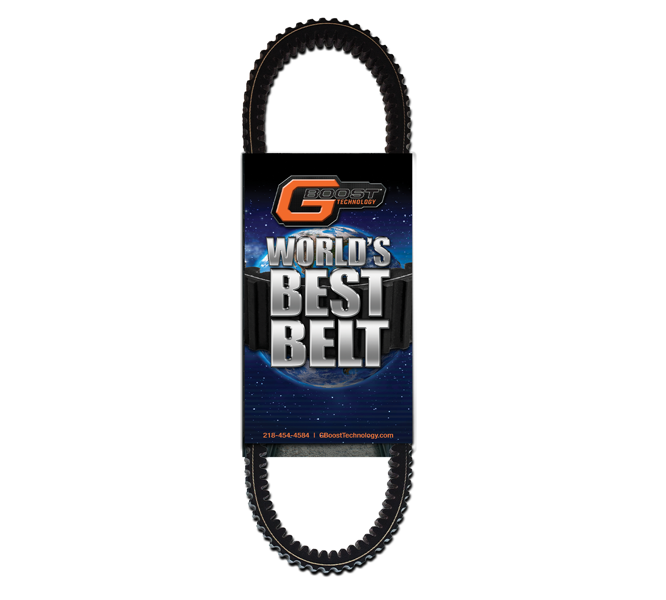A black toothed drive belt is shown vertically in packaging labeled “GBoost Technology” at the top and “Polaris World’s Best Belt” in metallic letters on a dark blue, starry background, with contact info at the bottom.