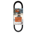 A toothed snowmobile belt stands vertically with a label showing a snowmobile rider in winter. The label reads Polaris Extreme Duty Drive Belt in bold orange letters and features a small American flag, trees, and snowy background.