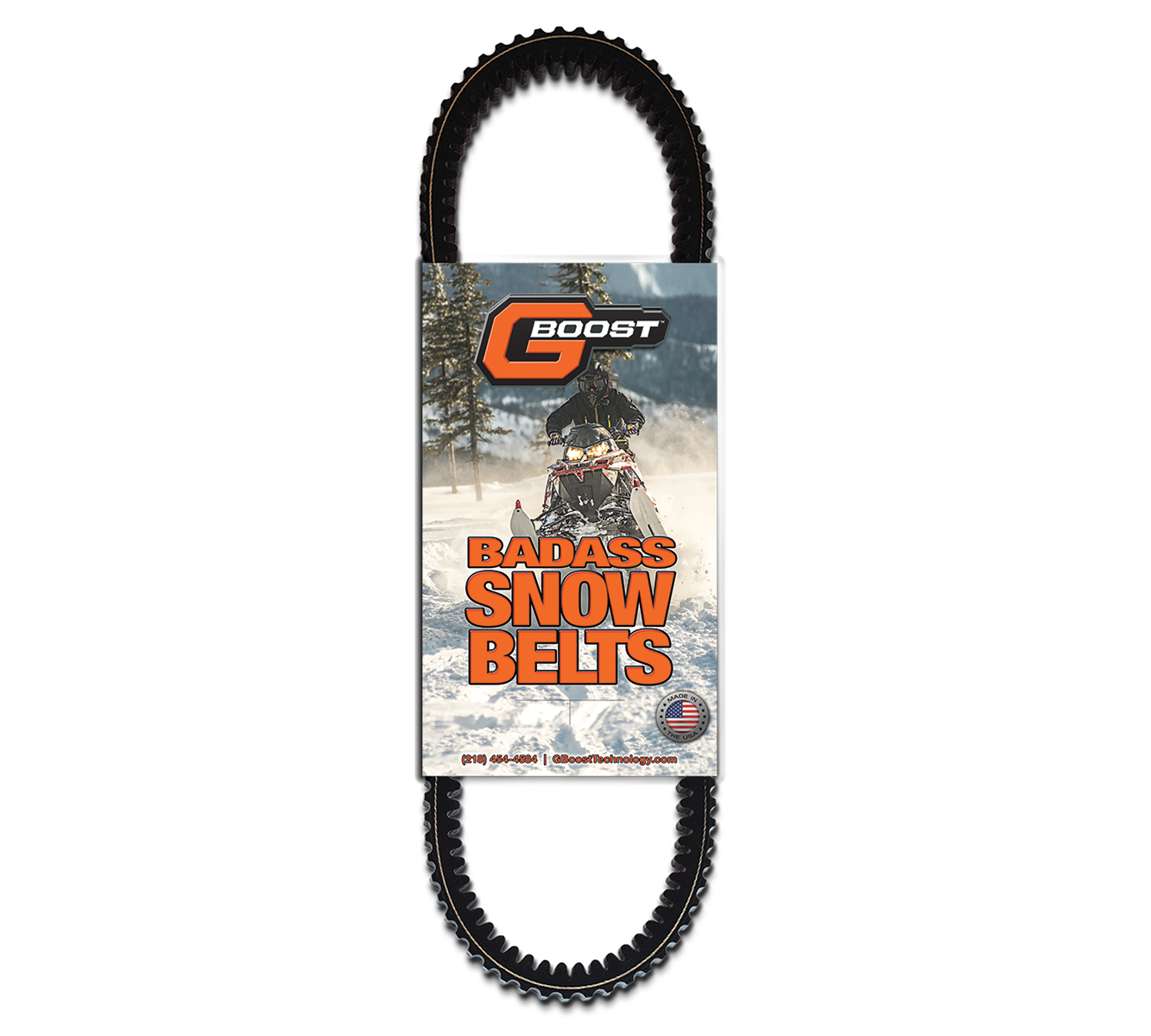 A toothed snowmobile belt stands vertically with a label showing a snowmobile rider in winter. The label reads Polaris Extreme Duty Drive Belt in bold orange letters and features a small American flag, trees, and snowy background.
