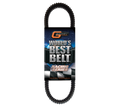A black automotive drive belt labeled Segway Worlds Best Race Series Belt features the GBoost Technology logo at the top and contact info at the bottom, set against a cloud-and-speed-line background. Evenly spaced teeth are visible on the belt.