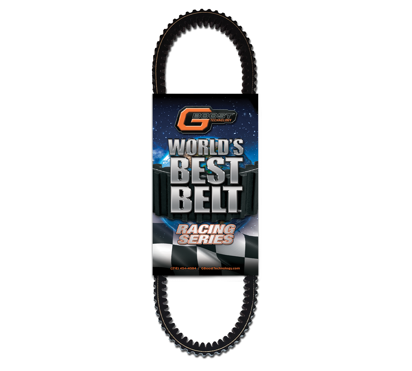 A black automotive drive belt labeled Segway Worlds Best Race Series Belt features the GBoost Technology logo at the top and contact info at the bottom, set against a cloud-and-speed-line background. Evenly spaced teeth are visible on the belt.