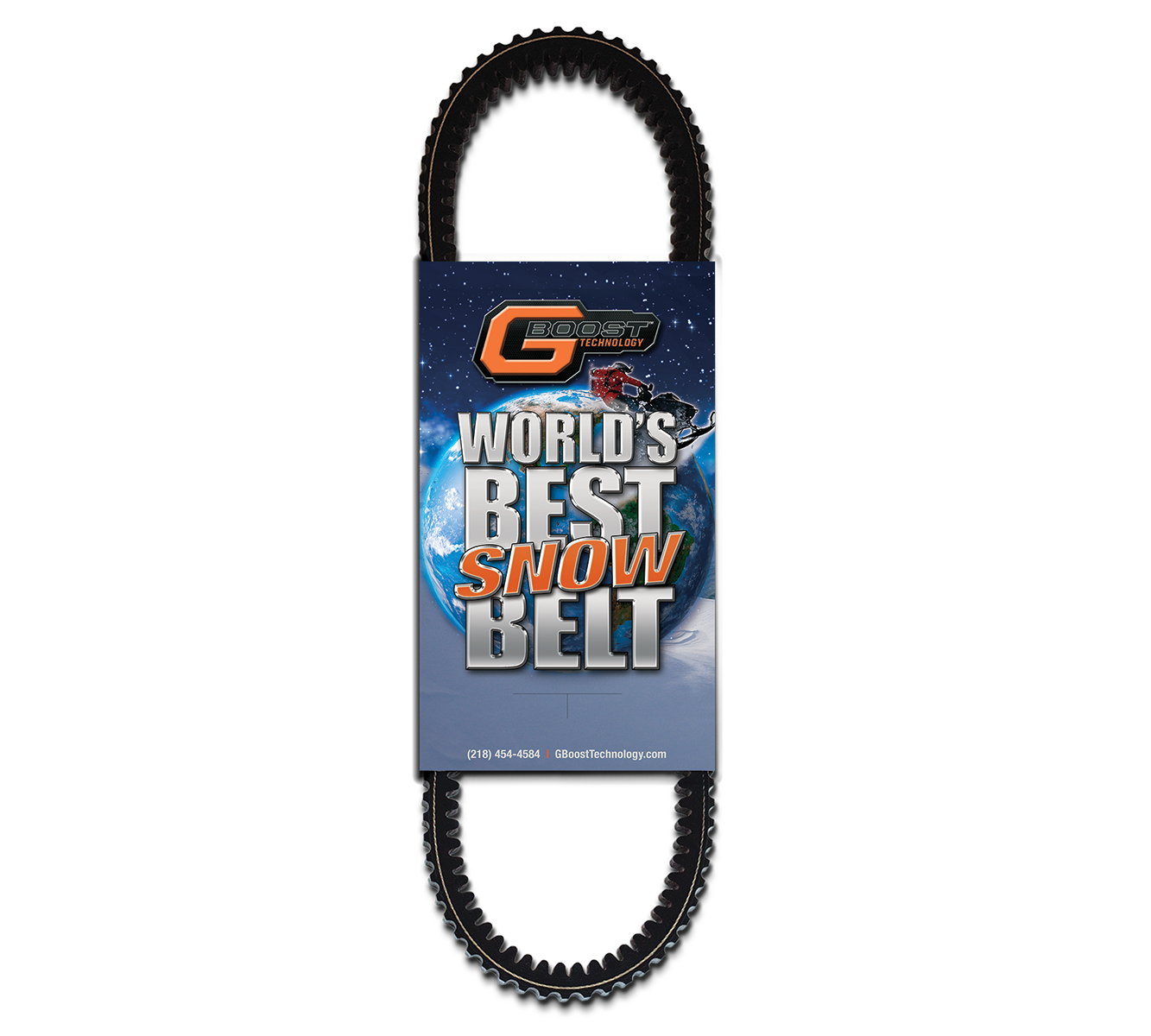An image of the Arctic Cat Snowmobile Worlds Best Snow Belt, a black toothed belt with a label showing a snowy mountain, earth, and snowmobile. Label: “GBoost Technology. WORLD’S BEST SNOW BELT.” (218) 454-4584 | GBoostTechnology.com.