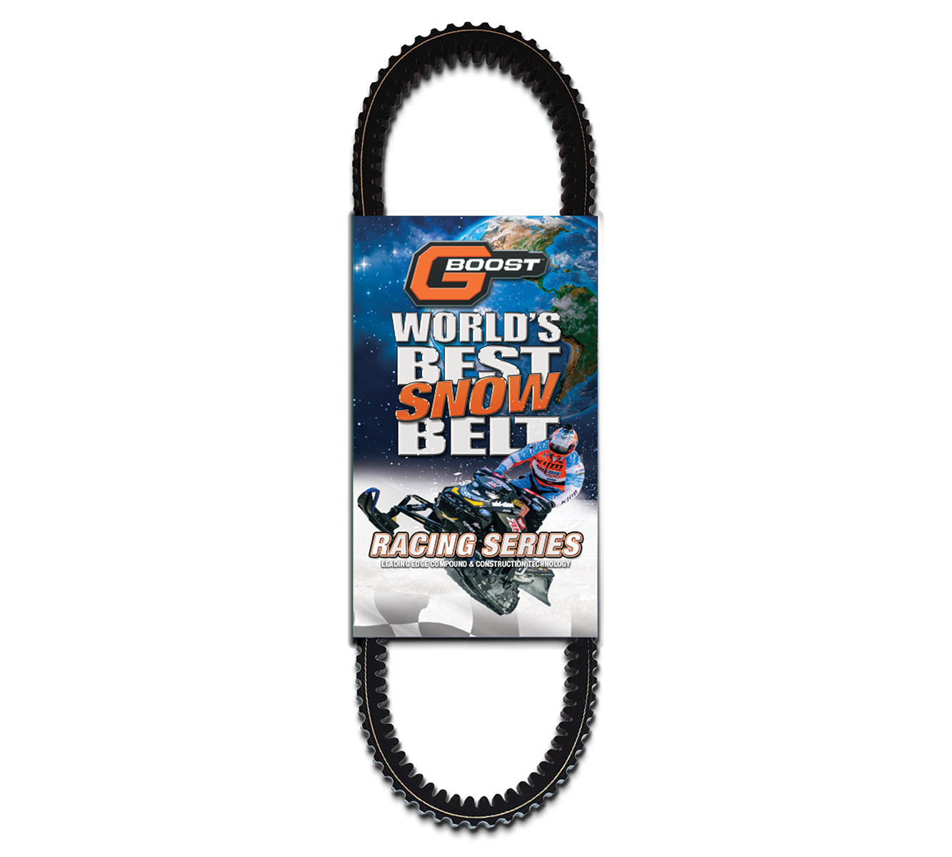A black, toothed Polaris Snowmobile Worlds Best Snow Belt Race Series features a blue and white label with a snowmobile rider in action against a snowy, space-themed background showing Earth.
