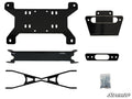 The Can-Am Maverick Frame Stiffener / Gusset Kit includes five black metal brackets in different shapes and sizes, a small bag of screws, and the SuperATV logo at the bottom right, arranged in a grid on a white background.