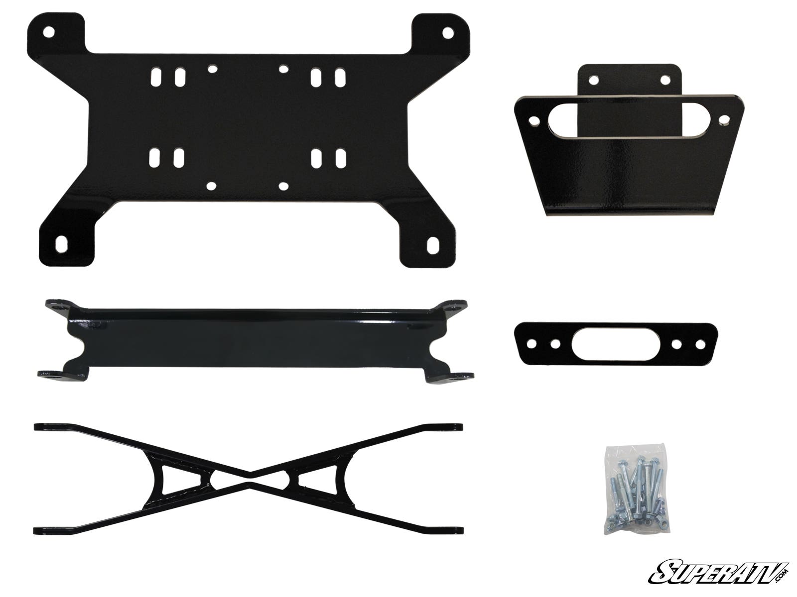 The Can-Am Maverick Frame Stiffener / Gusset Kit includes five black metal brackets in different shapes and sizes, a small bag of screws, and the SuperATV logo at the bottom right, arranged in a grid on a white background.
