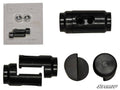 The image shows disassembled black cylindrical metal parts and round components, including two bolts and washers on a labeled plastic card. The Weld-In Bung by SuperATV is organized on a white background with the SuperATV logo at the bottom right.