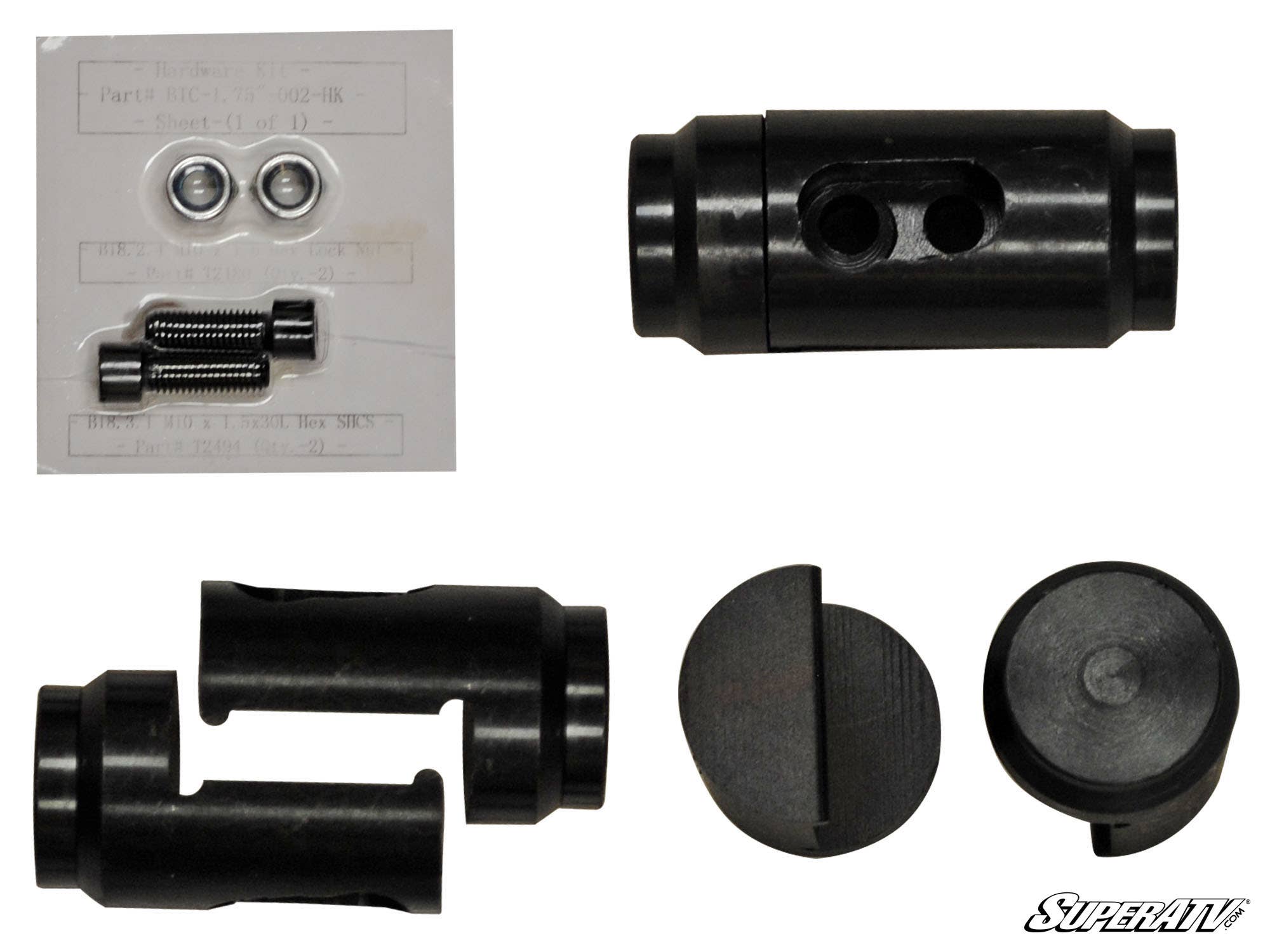 The image shows disassembled black cylindrical metal parts and round components, including two bolts and washers on a labeled plastic card. The Weld-In Bung by SuperATV is organized on a white background with the SuperATV logo at the bottom right.