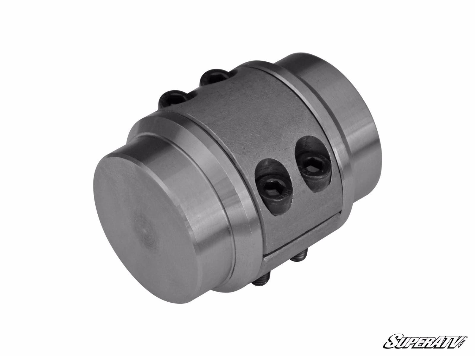 A brushed metal 1.75 Nerf and Bumper Bung with six hexagonal screw heads in two rows around the middle, set against a white background with the SuperATV logo in the bottom right corner.