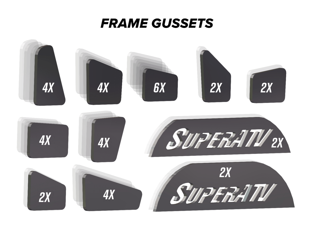 The Can-Am Defender Weld-In Gusset Kit includes black metal frame gussets in multiple shapes and sizes, labeled by quantity (2X, 4X, 6X). Two large gussets feature “SuperATV” cut out. FRAME GUSSETS is shown above the parts.