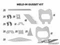 A labeled layout of 13 metal parts for the Can-Am Maverick X3 Weld-In Gusset Kit, with quantities for each plate, bracket, and tab shown, plus a SuperATV-engraved piece at the bottom. Set on a white background.