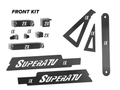 A labeled diagram of the Polaris Ranger XP 1000 Weld-In Gusset Kit shows black metal brackets, plates, and support pieces with quantity markers (e.g., 1X, 2X), arranged separately. Two long plates display the SuperATV logo on a white background.